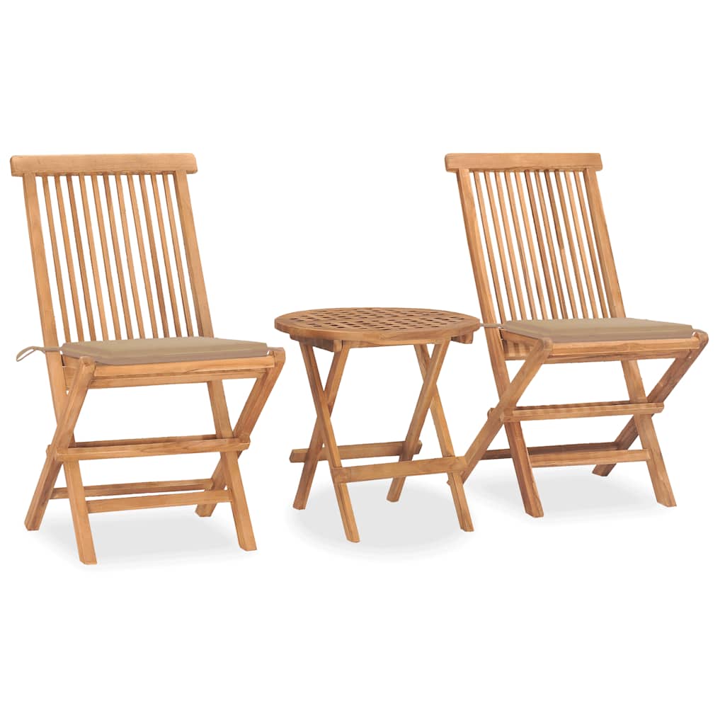 Conjunto de refeição de jardim dobrável 3 peças madeira de teca almofadas
