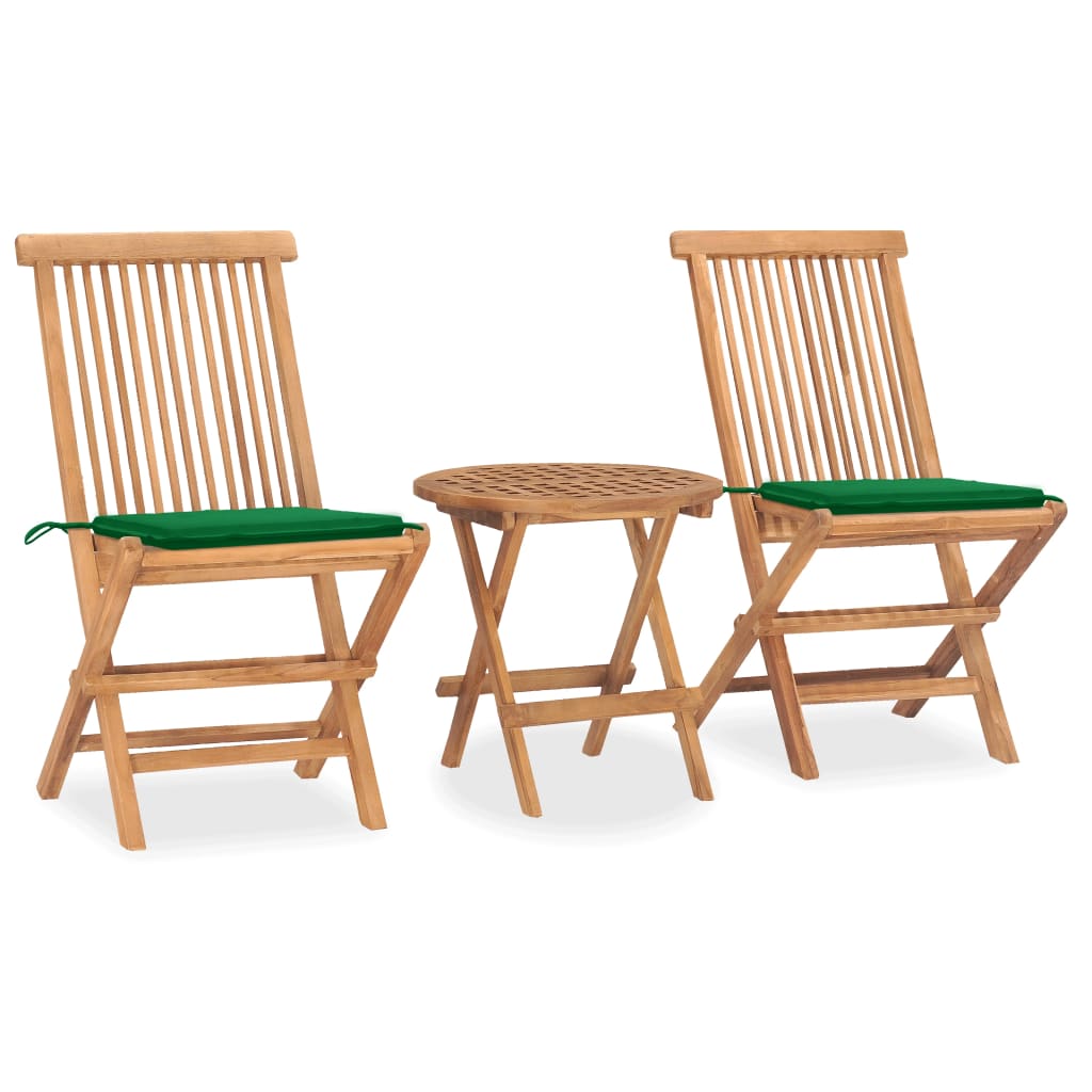 Conjunto de refeição de jardim dobrável 3 peças madeira de teca almofadas