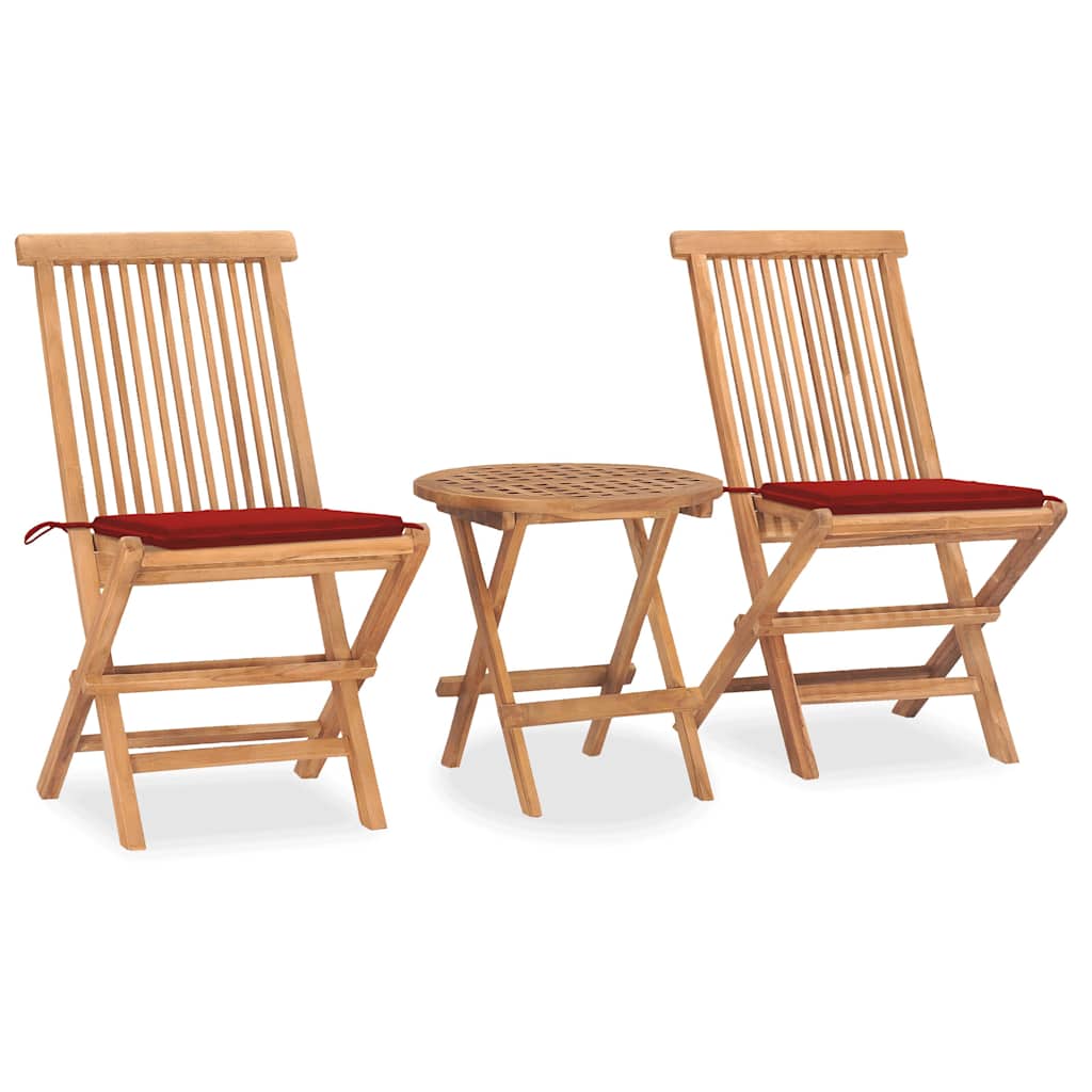 Conjunto de refeição de jardim dobrável 3 peças madeira de teca almofadas