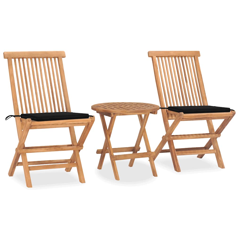 Conjunto de refeição de jardim dobrável 3 peças madeira de teca almofadas