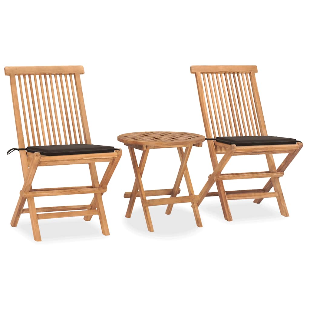 Conjunto de refeição de jardim dobrável 3 peças madeira de teca almofadas