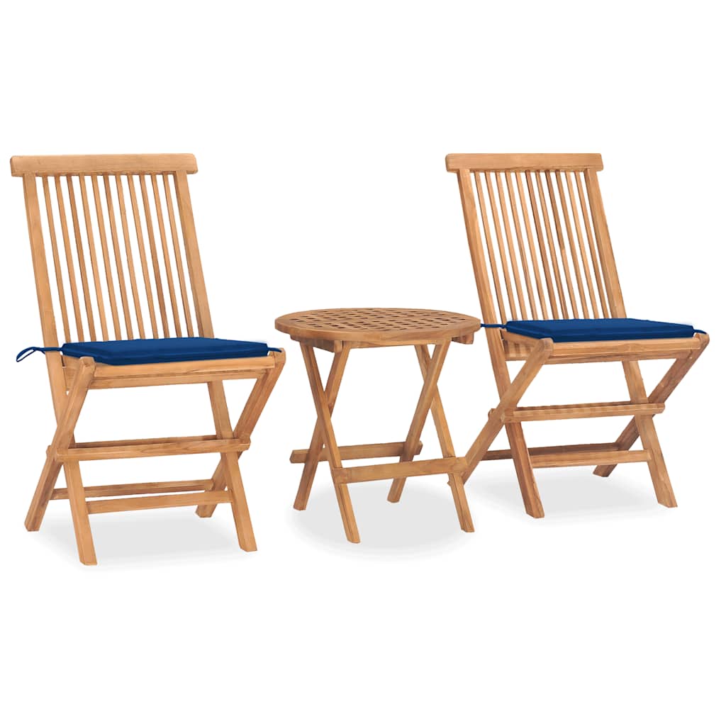 Conjunto de refeição de jardim dobrável 3 peças madeira de teca almofadas
