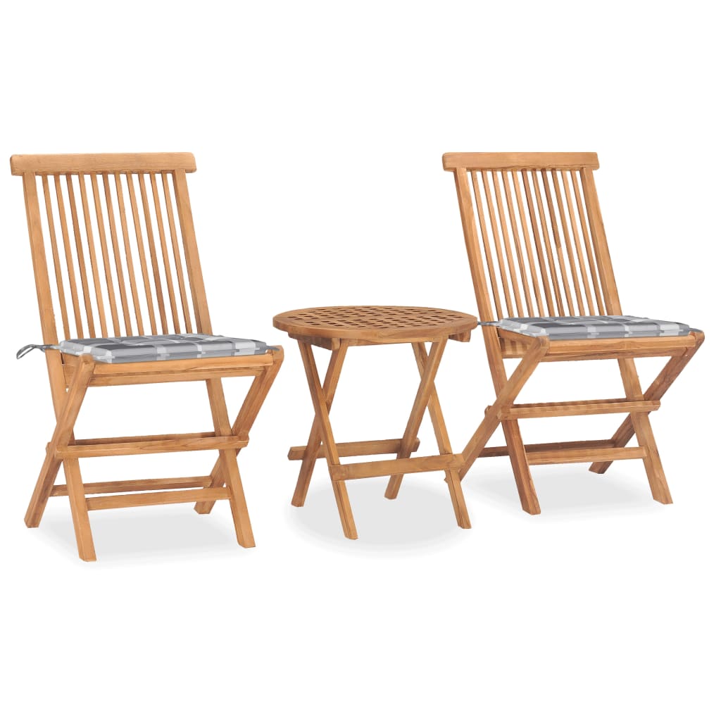 Conjunto de refeição de jardim dobrável 3 peças madeira de teca almofadas