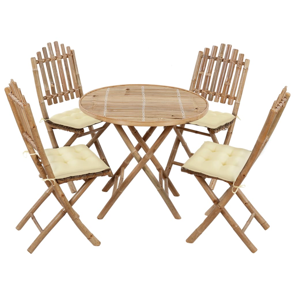 5 Piece Foldable Garden Dining Set with Cushions Bamboo
