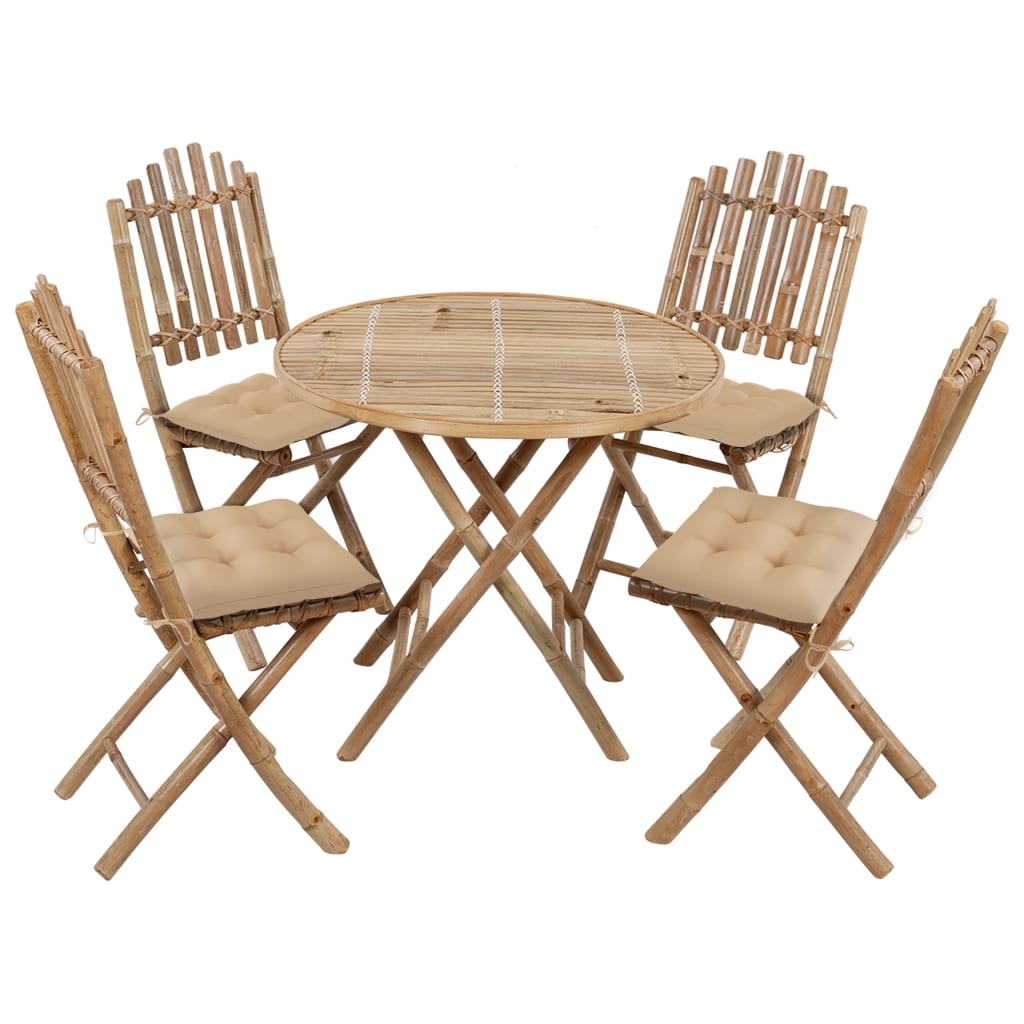 5 Piece Foldable Garden Dining Set with Cushions Bamboo