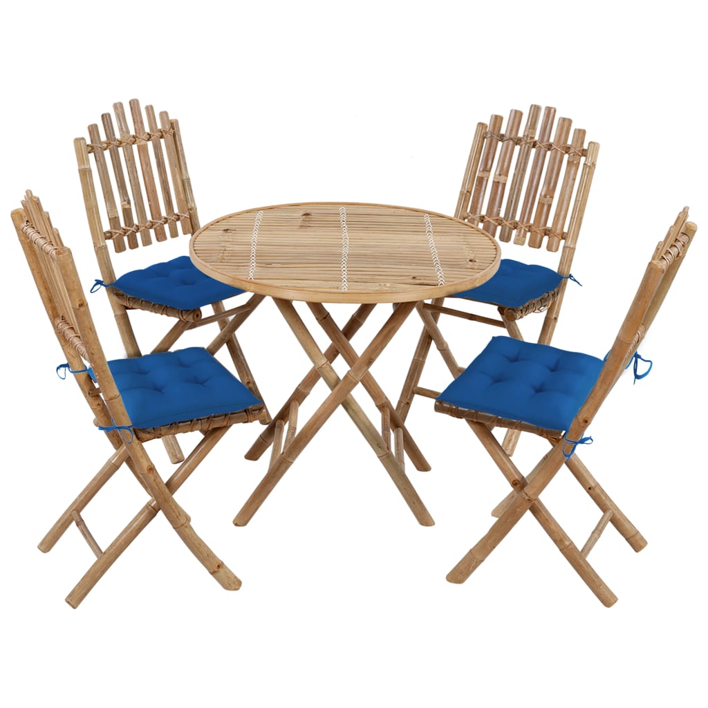 5 Piece Foldable Garden Dining Set with Cushions Bamboo