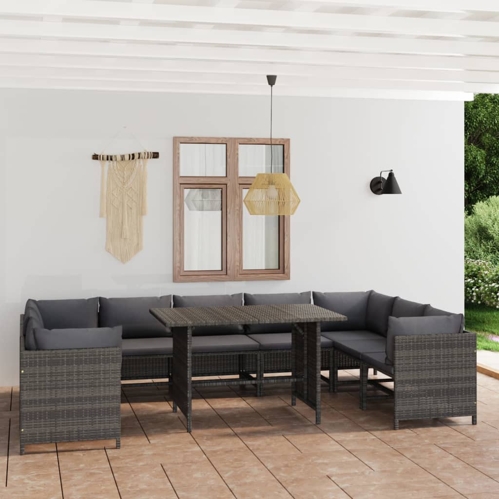 Conjunto de mobiliário de jardim 10 peças almofadas vime sintético preto