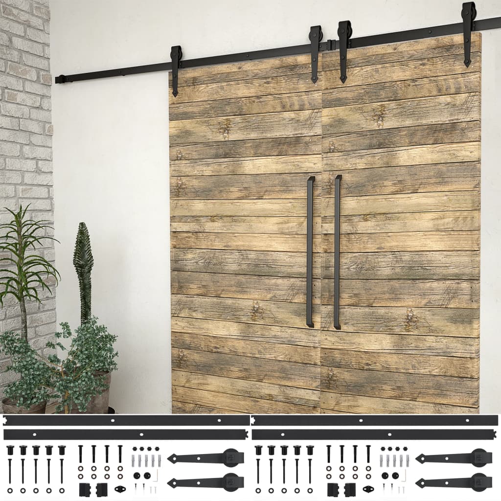 2 Pcs 200 cm Black Steel Sliding Door Hardware Kit
