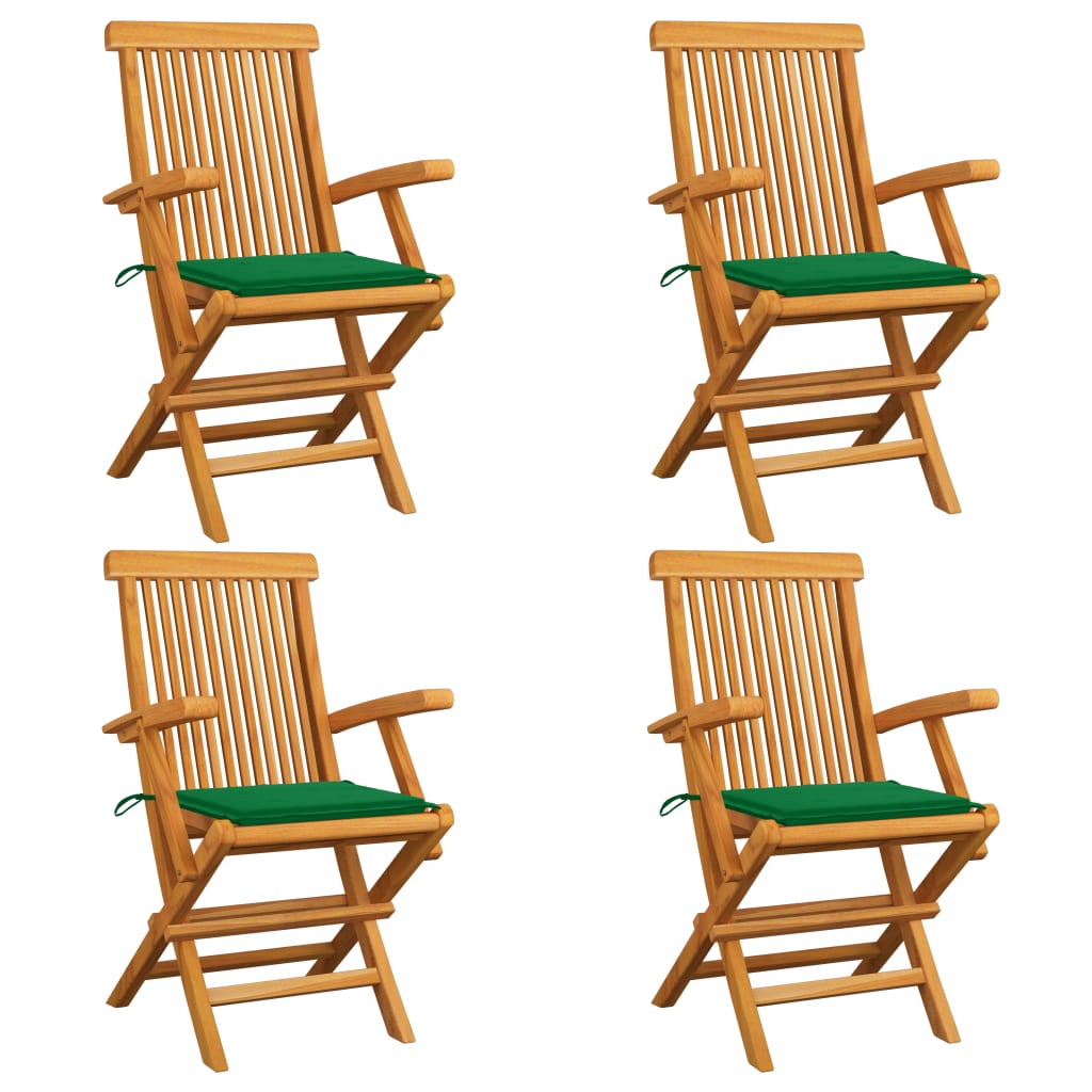 Sillas de jardín 4 uds madera maciza de teca con cojines verdes