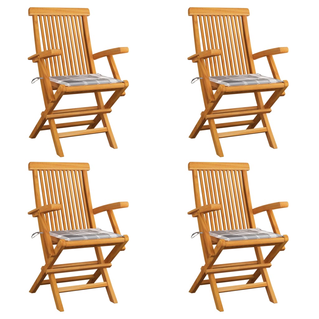 Garden chairs 4 pcs teak wood with grey checkered cushions