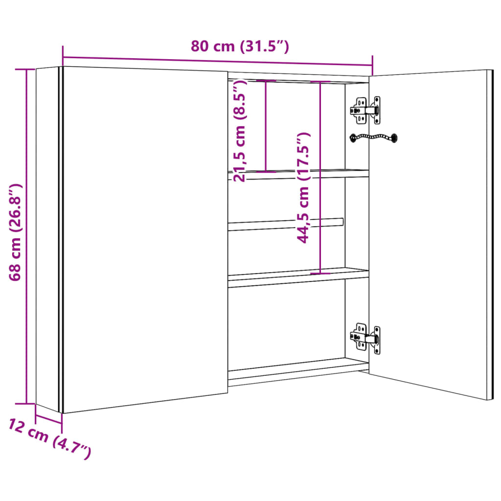 Armario de baño con espejo LED gris hormigón 80x12x68 cm