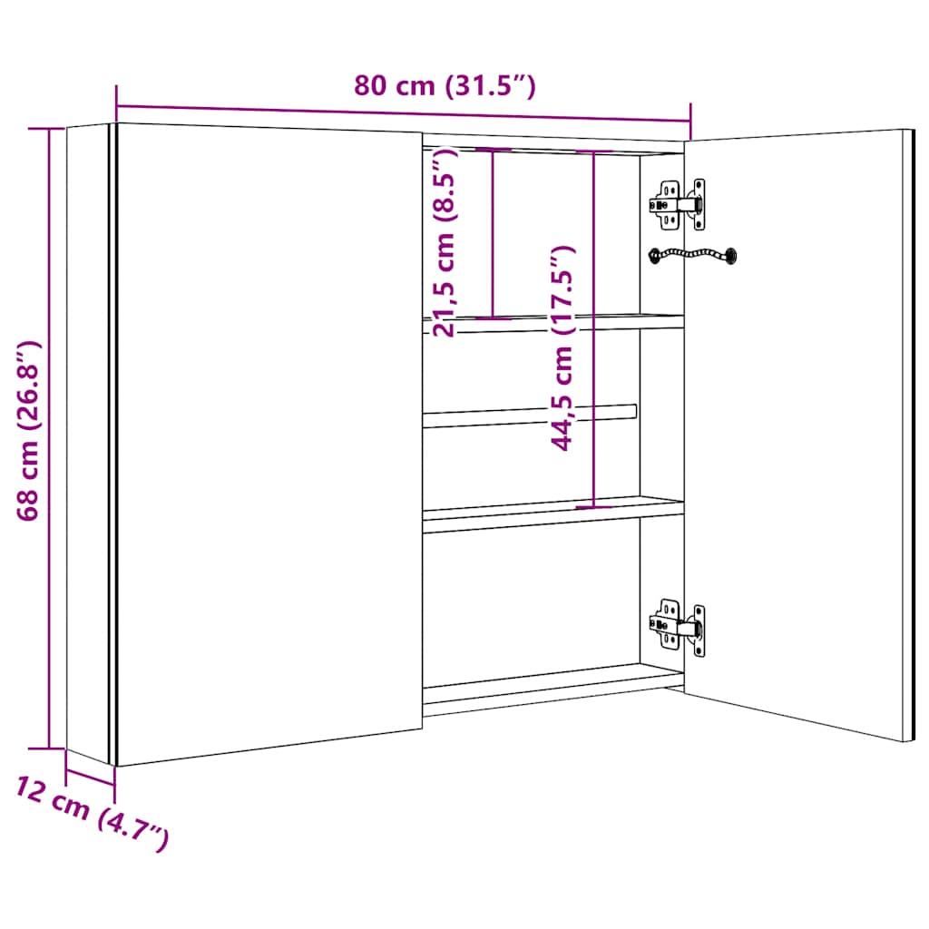 Armario de baño con espejo y LED gris 80x12x68 cm