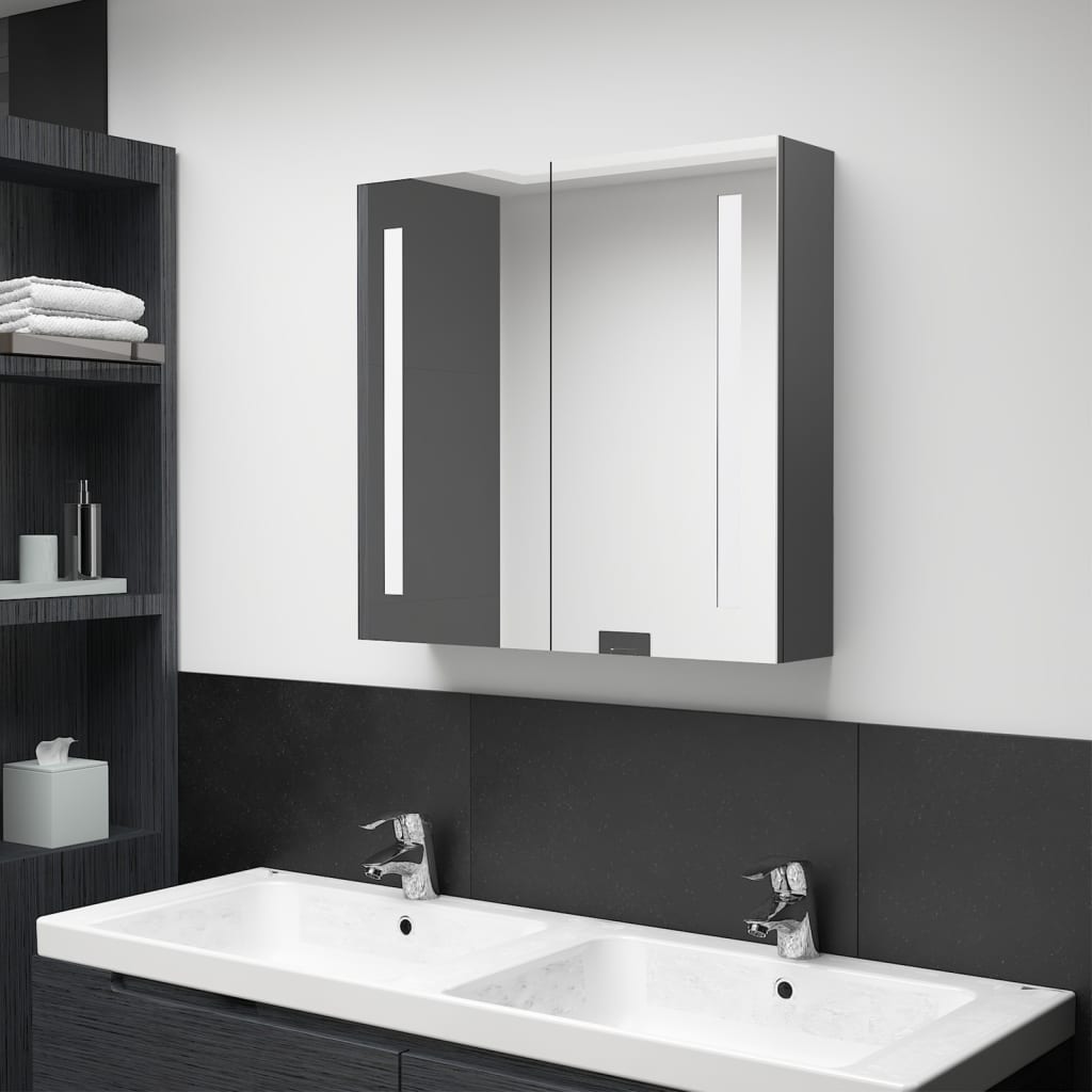 Armario de baño con espejo y LED gris 60x11x80 cm