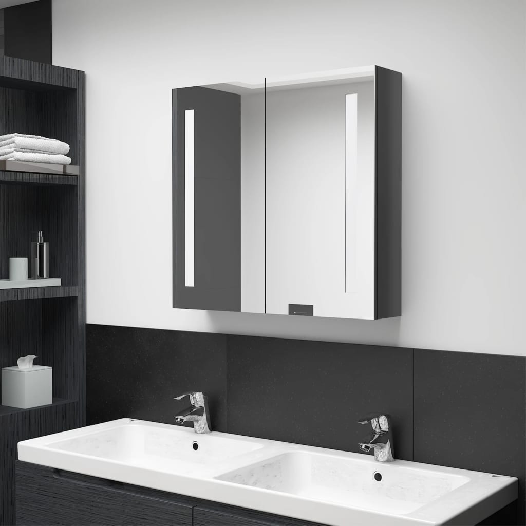 Armario de baño con espejo LED gris brillante 60x11x80 cm