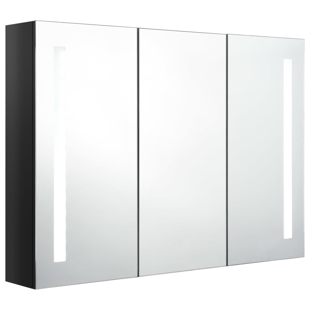 Armario de baño con espejo LED negro brillante 89x14x62 cm