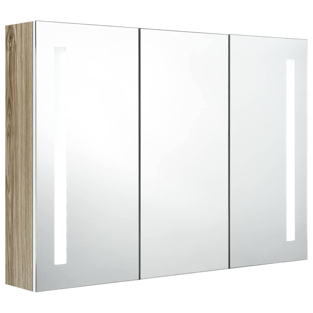 Armario de baño con espejo LED blanco y roble 89x14x62 cm