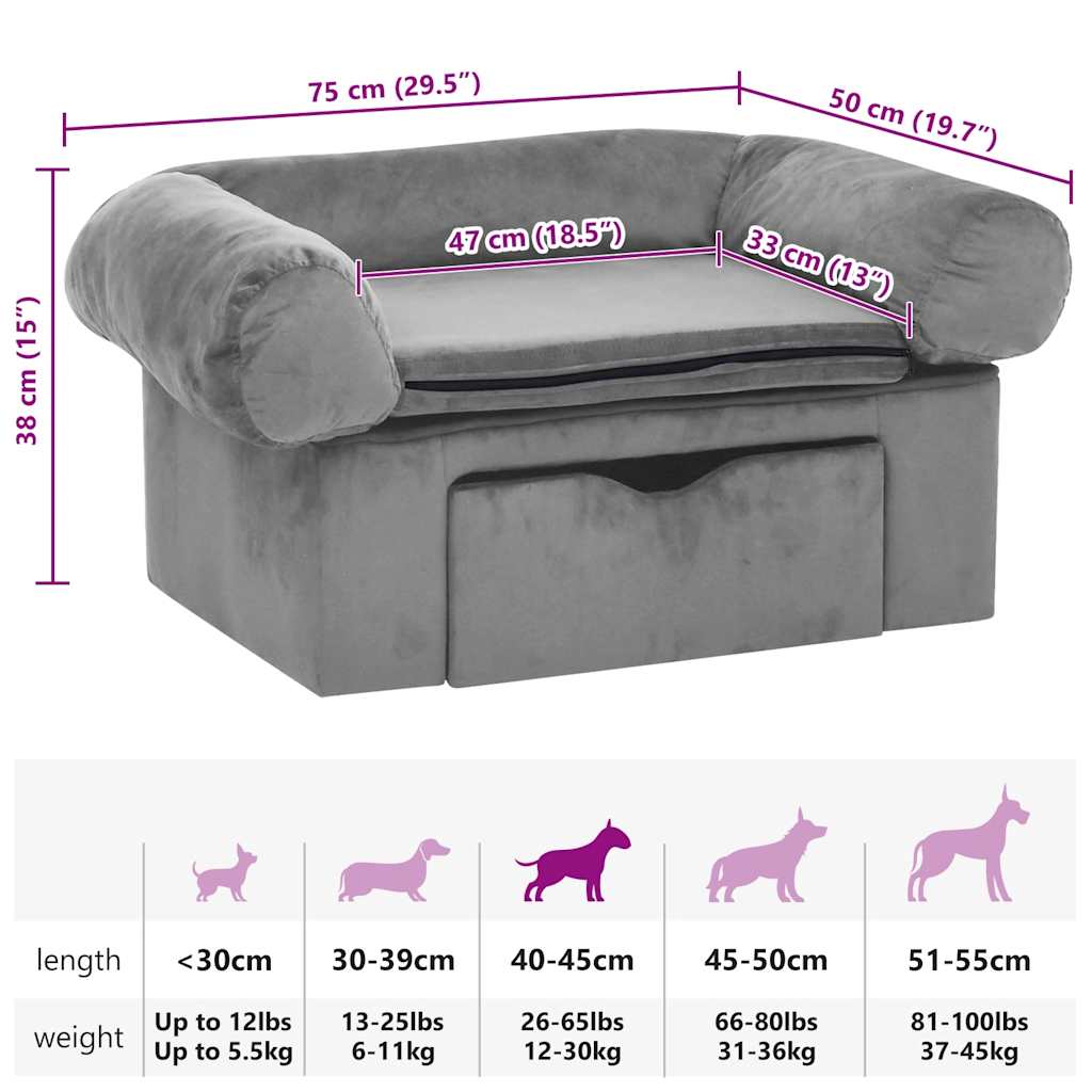 Sofá para perros con cajón felpa gris 75x50x38 cm