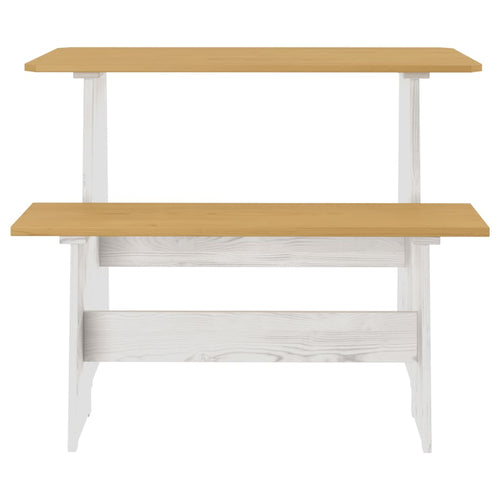 REINE pine wood dining table with bench, brown and white