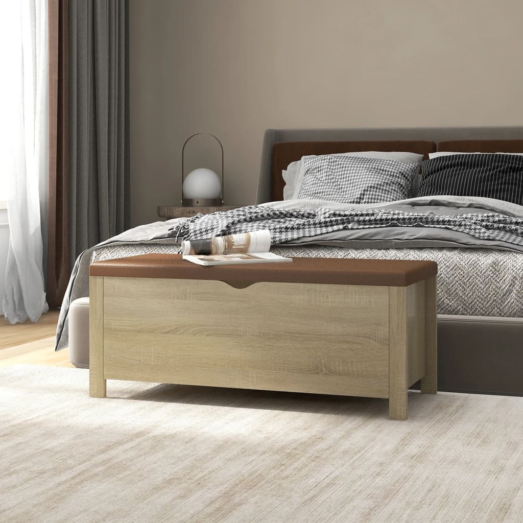 Engineered wood storage box with concrete gray cushion