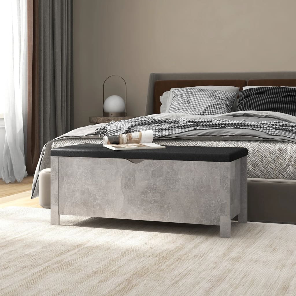 Engineered wood storage box with concrete gray cushion