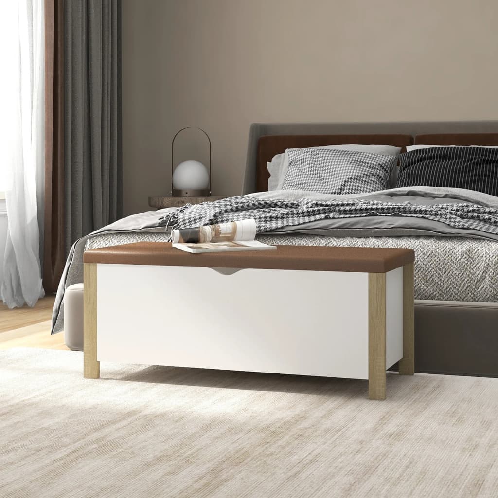 Engineered wood storage box with concrete gray cushion