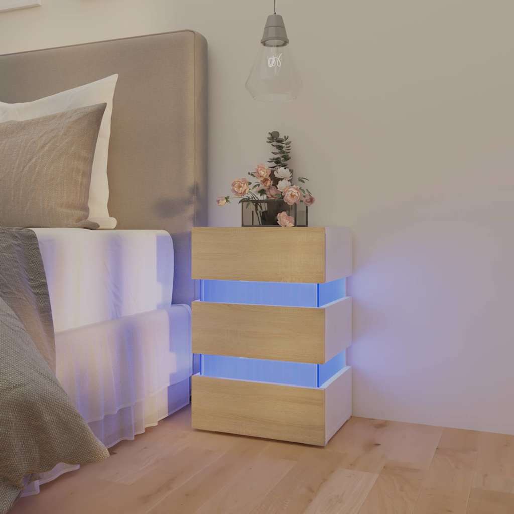 Mesita de noche LED madera ingeniería blanco brillo 45x35x67 cm