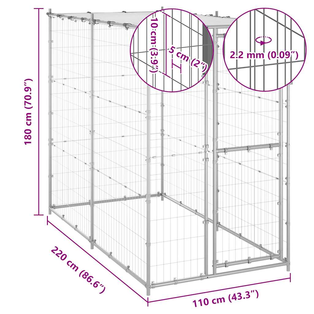 Perrera de exterior acero galvanizado con techo 110x220x180 cm