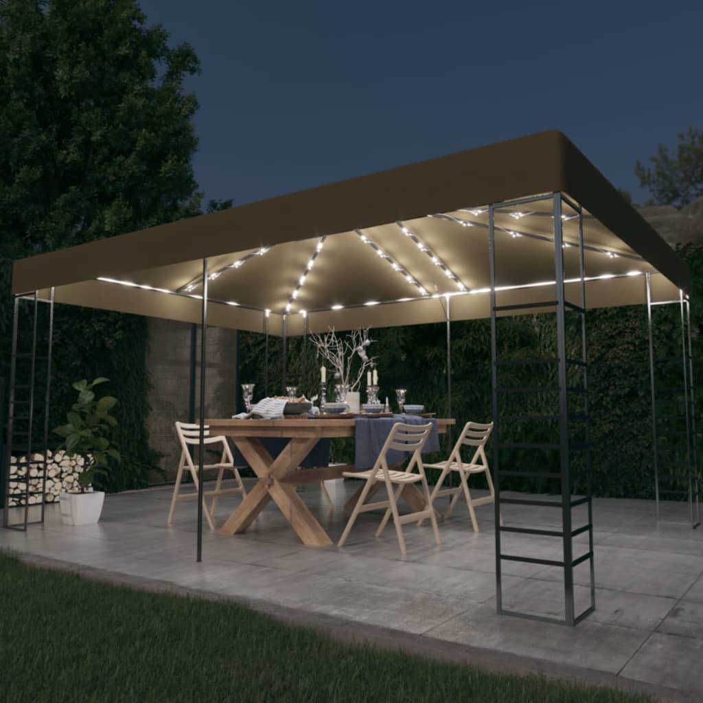 Carpa cenador de jardín con tira de luces LED 3x3 m taupé