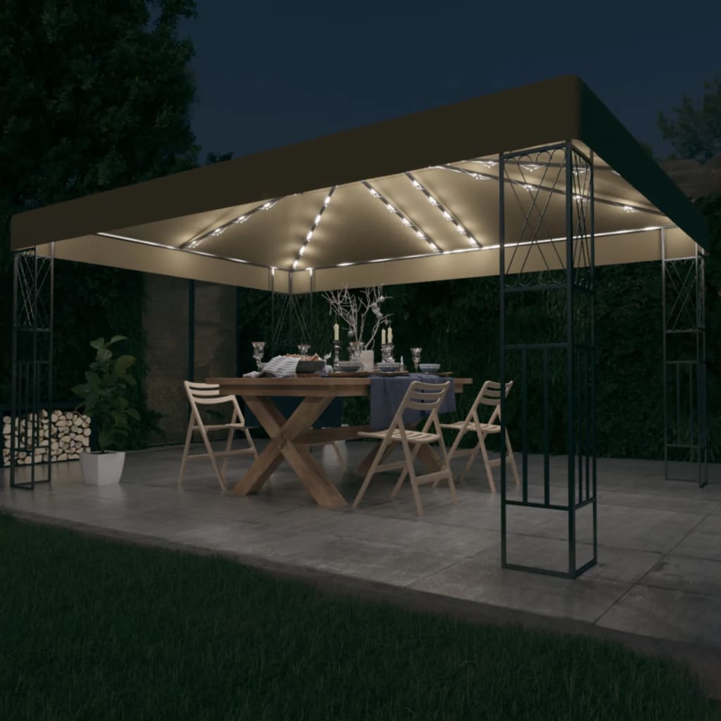 Carpa cenador de jardín con tira de luces LED 3x3 m taupé