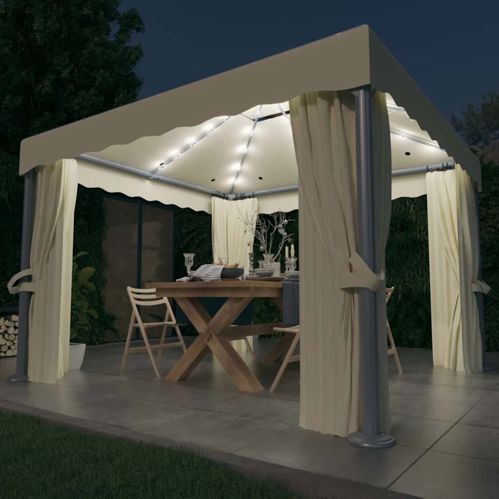 Cenador con cortina blanco crema aluminio 3x3 m