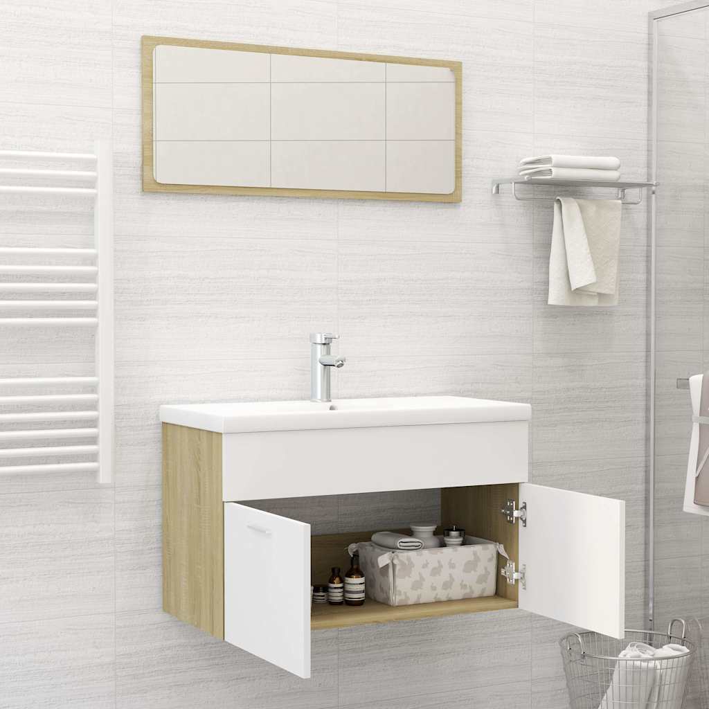 Set de muebles de baño madera ingeniería blanco y roble Sonoma