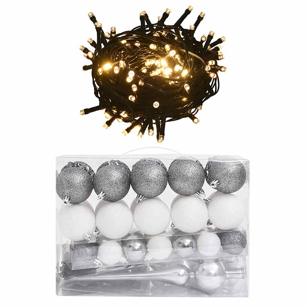 Set de bolas de Navidad 120 pzas con pico 300 LED blanco y gris