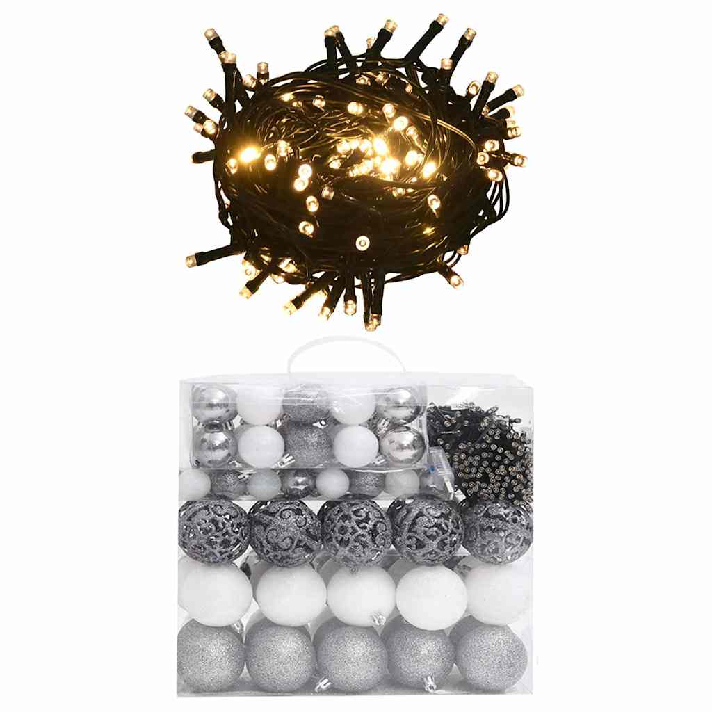 Set de bolas de Navidad 120 pzas con pico 300 LED blanco y gris