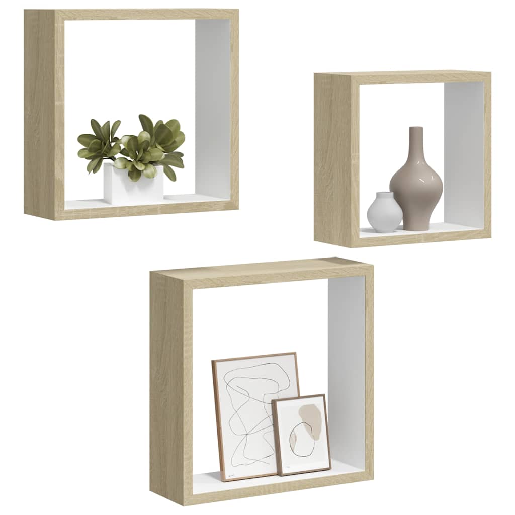 Estantes cubo de pared 3 unidades blanco y roble Sonoma