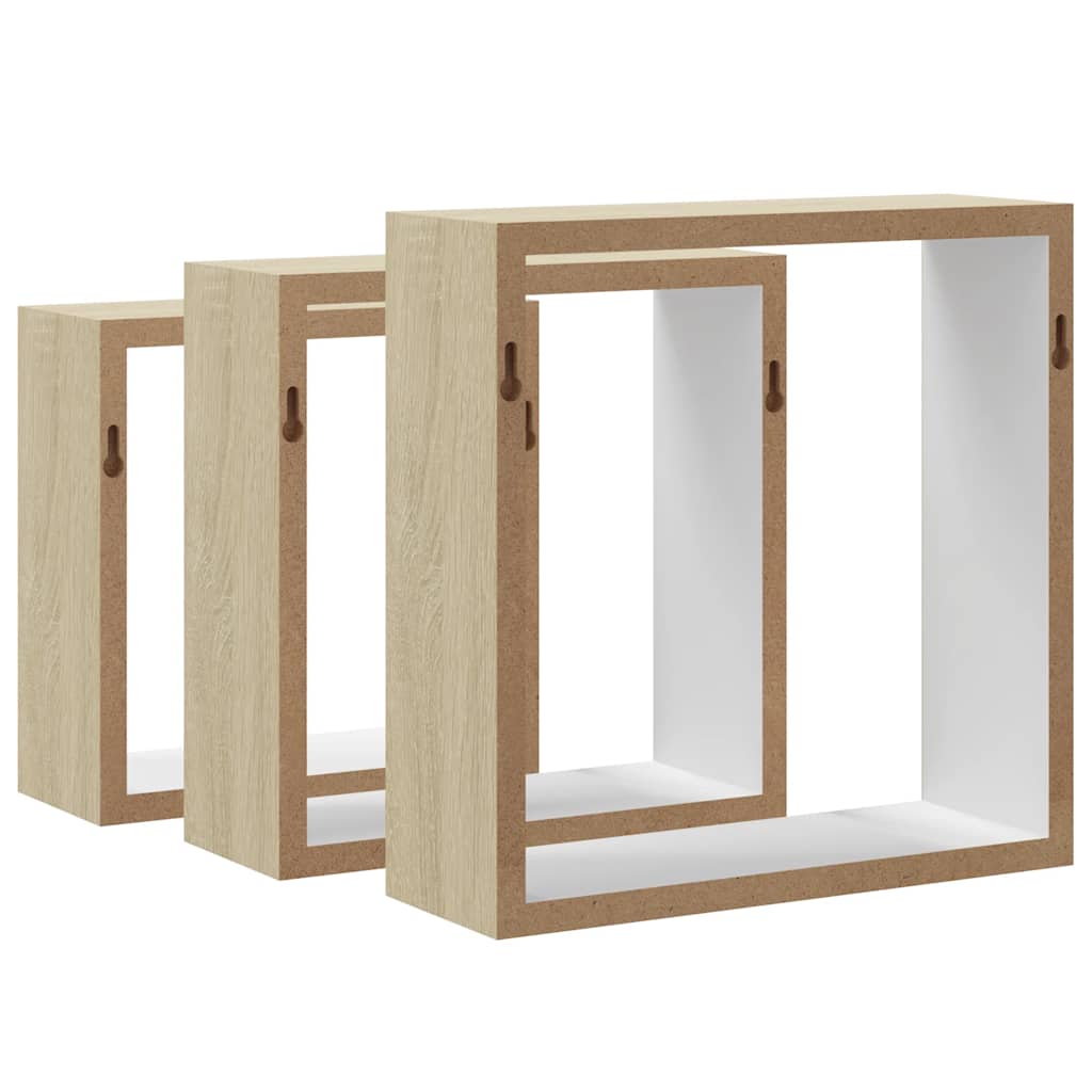 Estantes cubo de pared 3 unidades blanco y roble Sonoma