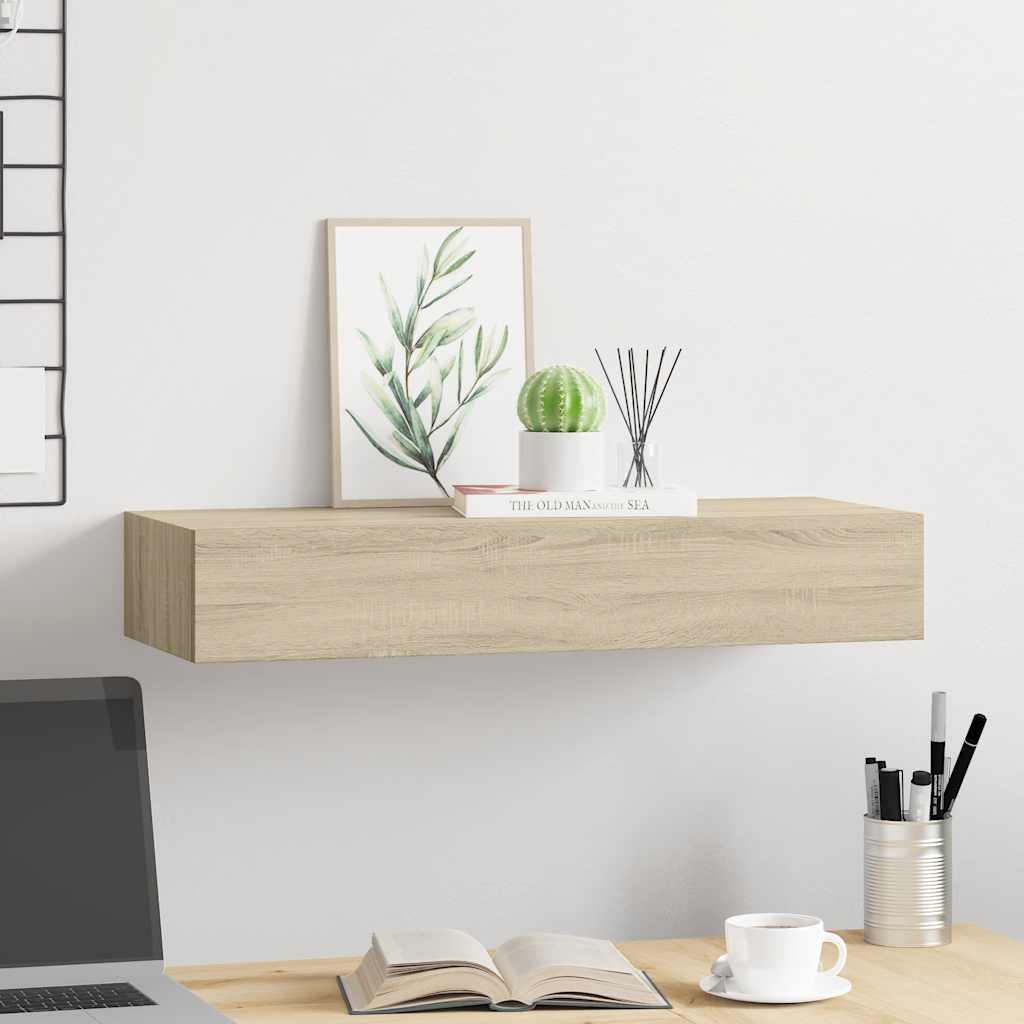 Estante con cajón de pared MDF roble 60x23,5x10 cm