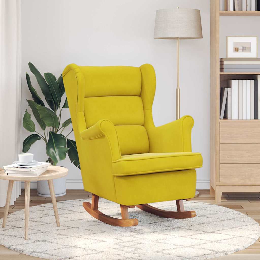 Mecedora con respaldo alto de terciopelo amarillo madera maciza
