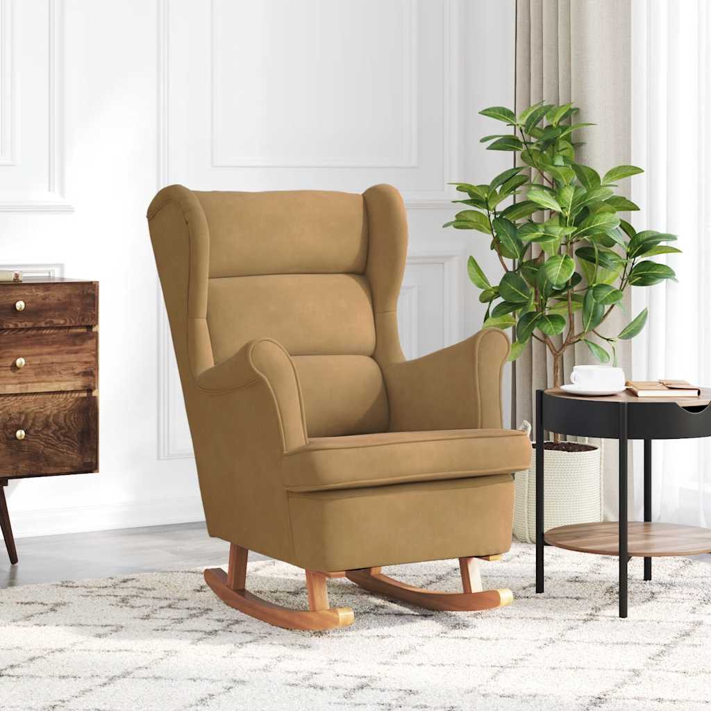 High-back yellow velvet rocking chair, solid wood