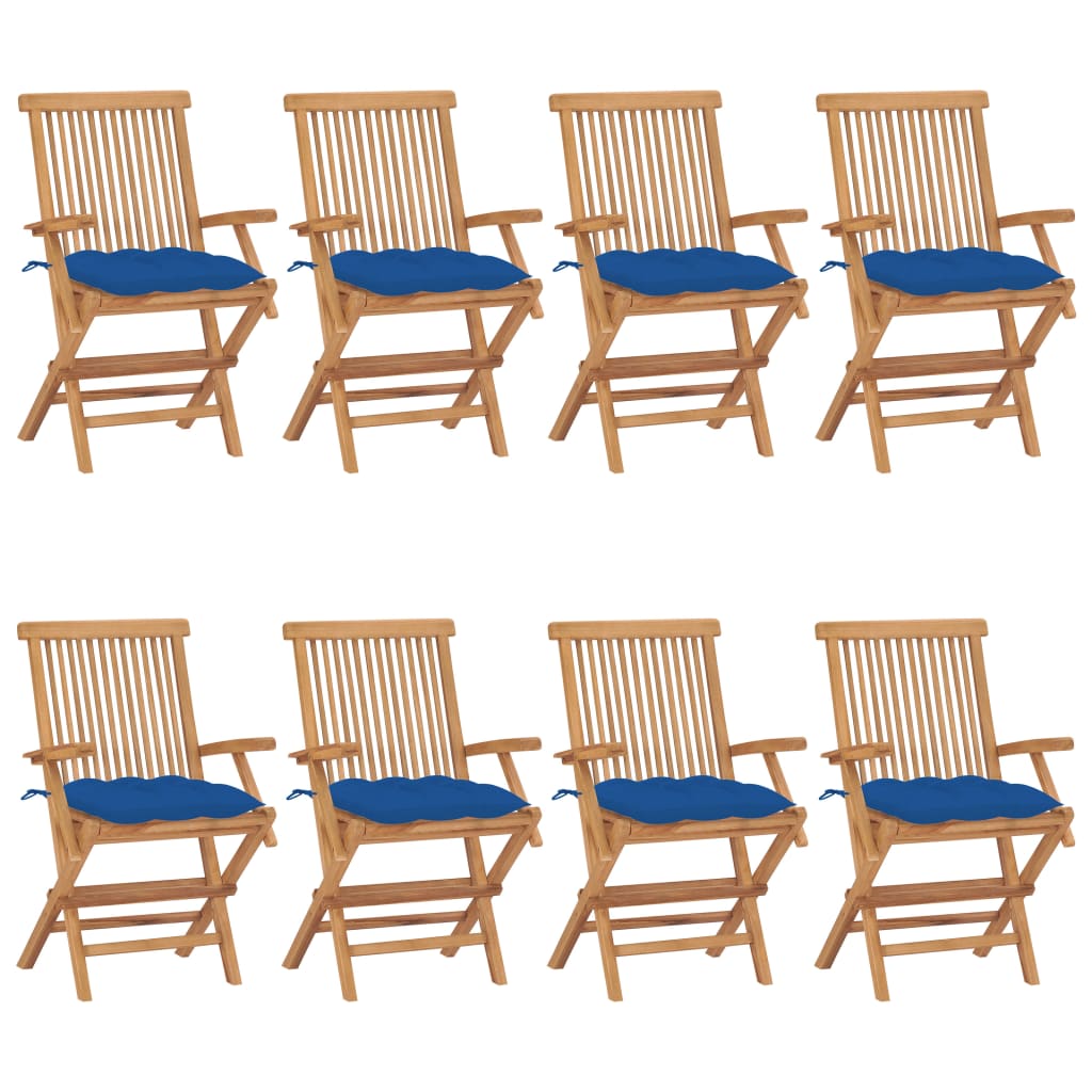 8 pcs Teak Solid Wood Garden Chairs with Blue Cushions