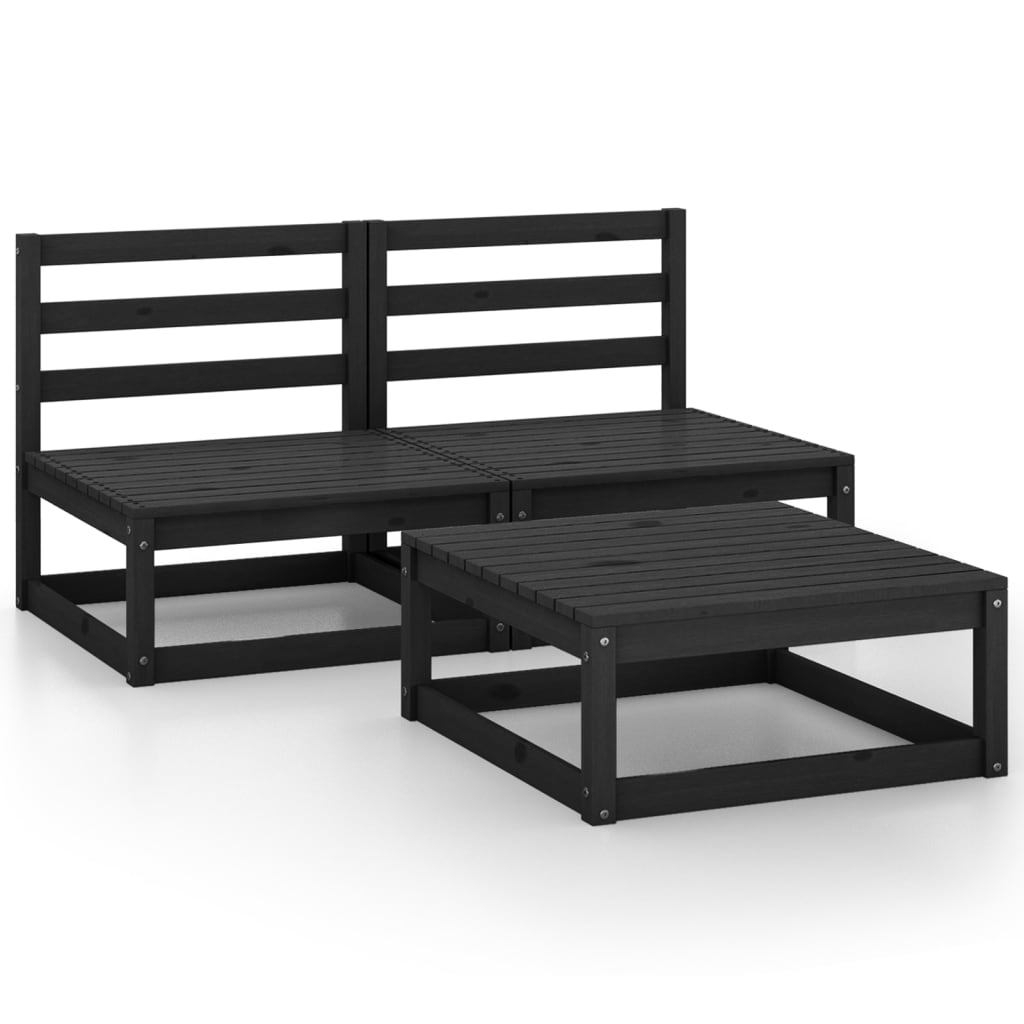 Juego de muebles de jardín 3 pzas y cojines negro madera pino