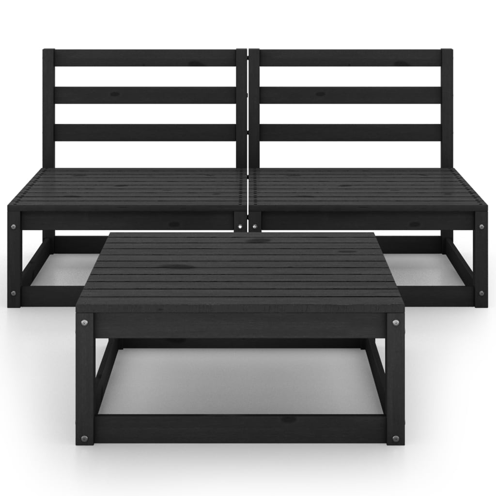 Juego de muebles de jardín 3 pzas y cojines negro madera pino