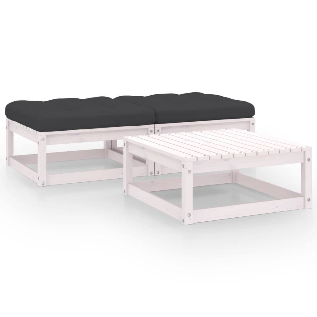 Conjunto de mobiliário de jardim 3 peças e almofadas madeira de pinho