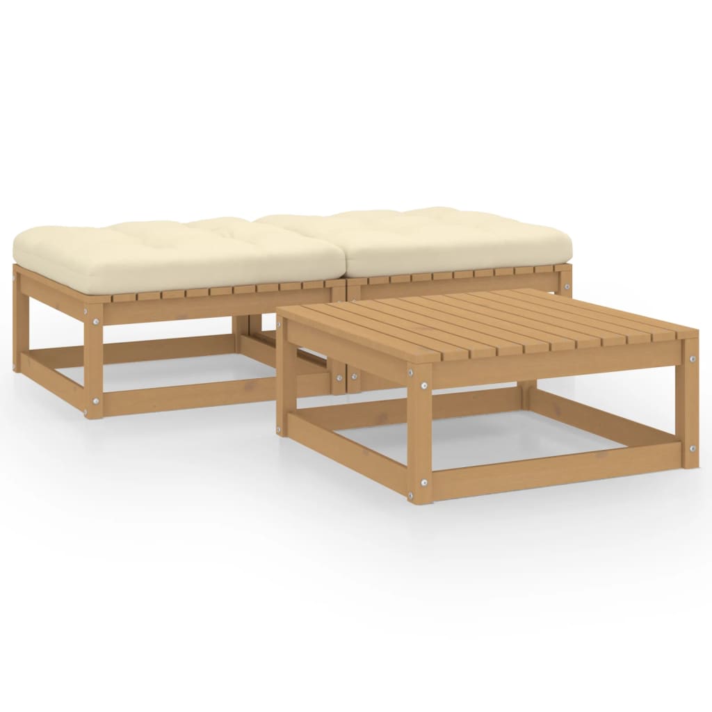 Conjunto de mobiliário de jardim 3 peças e almofadas madeira de pinho