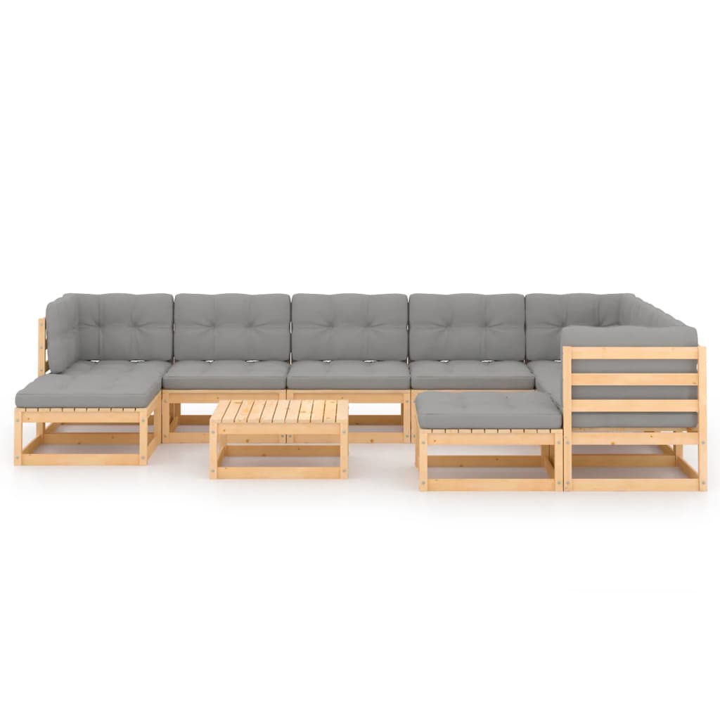Juego de muebles de jardín 10 pzas y cojines madera maciza pino
