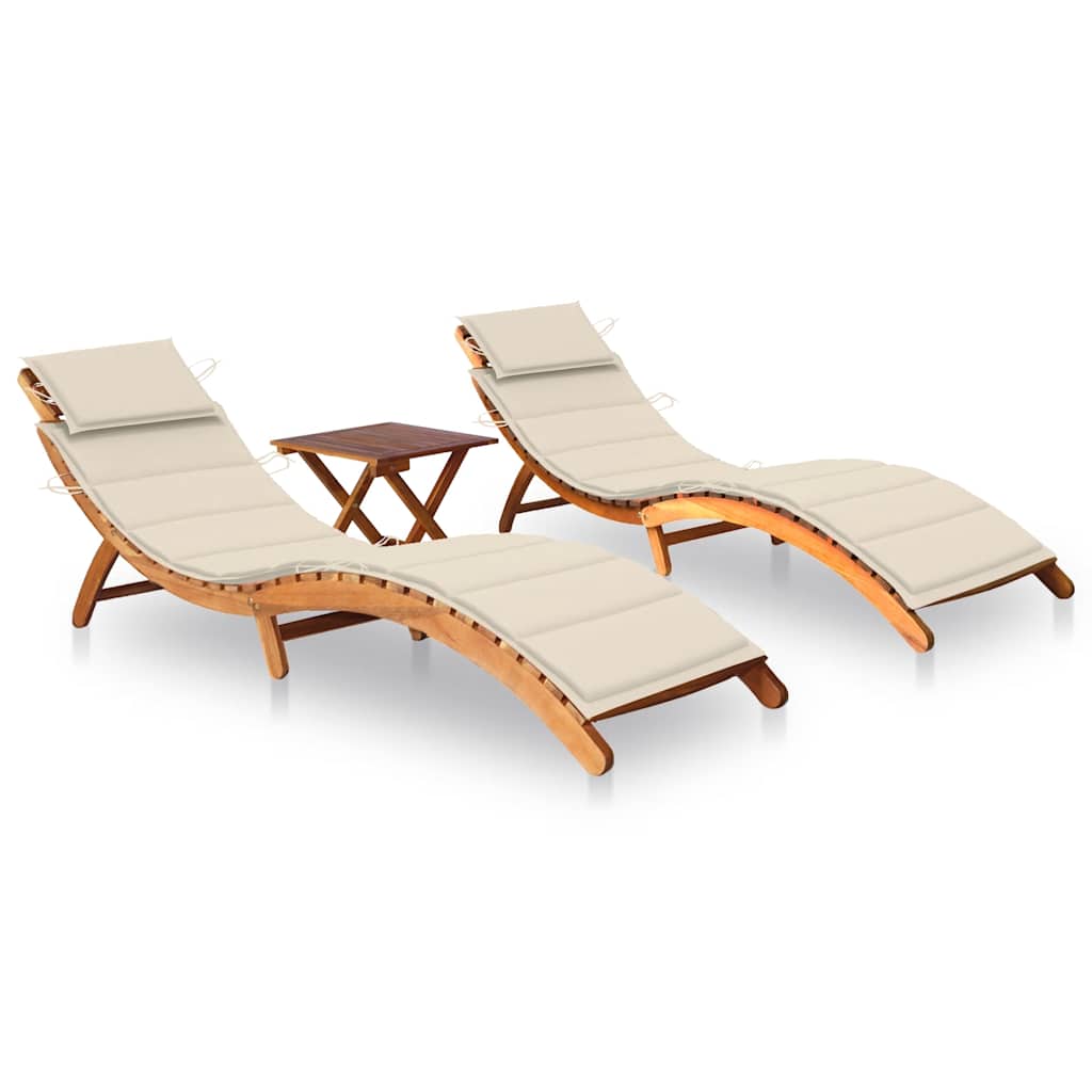 Tumbonas 2 unidades con mesa y cojines madera maciza de acacia