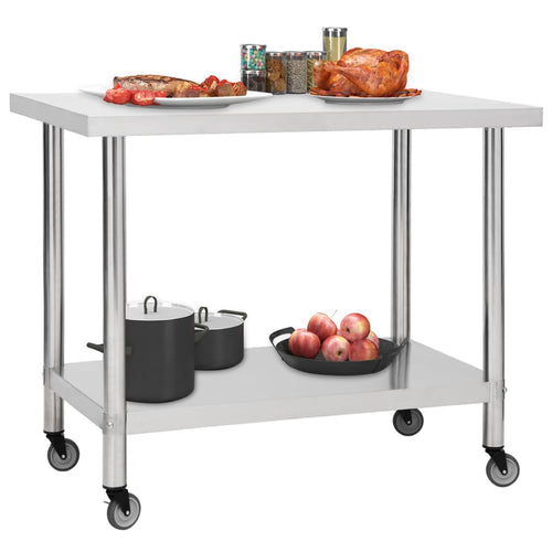 Kitchen workbench with wheels stainless steel 100x30x85 cm