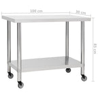 Mesa de trabajo para cocina con ruedas acero inox 100x30x85 cm