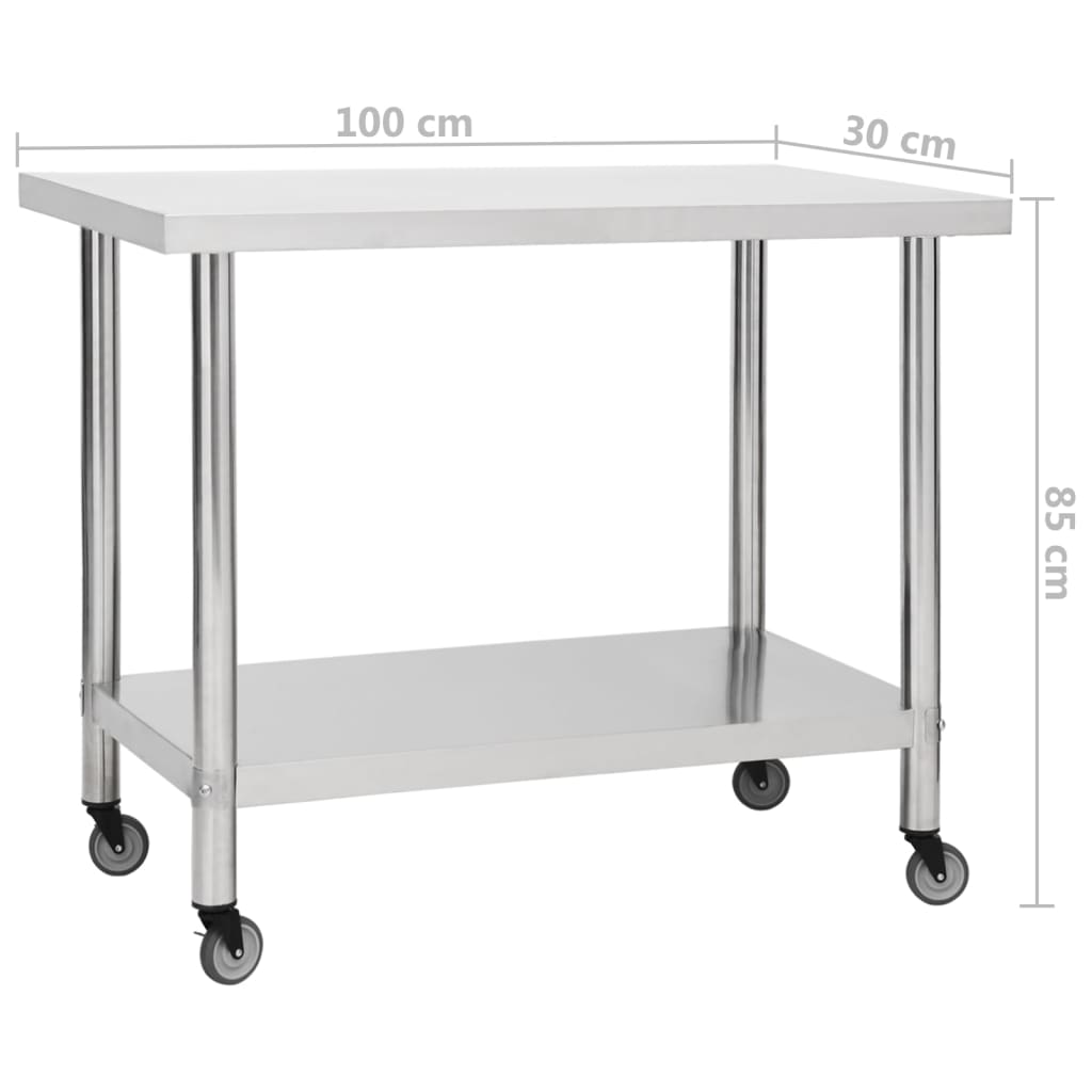 Mesa de trabajo para cocina con ruedas acero inox 100x30x85 cm