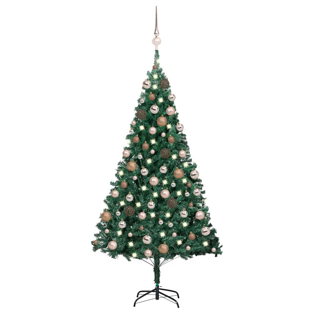 Árbol de Navidad preiluminado con luces y bolas verde 120 cm