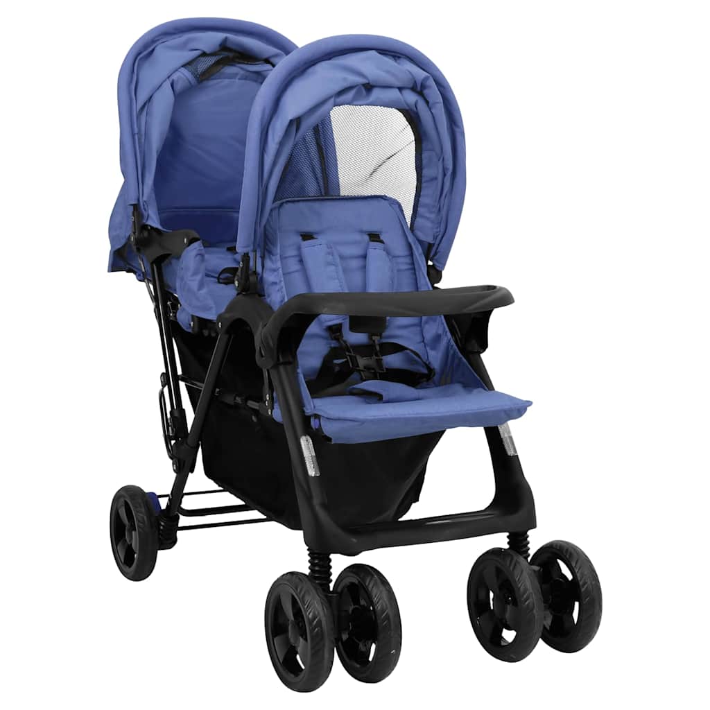 Carrito para gemelos tandem de acero azul marino